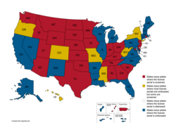 Serial Printing Formats as of June 2025: States issue plates where the license serial is screened States issue plates where most license serials are embossed, but some are screened States issue plates where the license serial is debossed States issue plates where the license serial is embossed