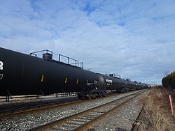 Tank cars in a Canadian train for carrying liquid petroleum gas by rail