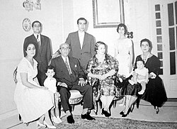 Quwatli and members of his family in Beirut 1966. From Left: Huda, Mahmud, Shukri al-Quwatli, Hassan, Bahira al-Dalati, Hala and Hana.