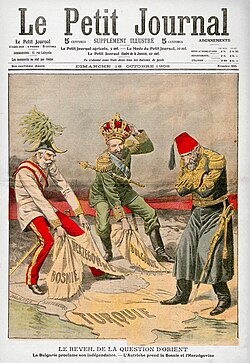 Illustration from the French magazine Le Petit Journal on the Bosnian Crisis. Bulgaria declares its independence and its prince Ferdinand is named Tsar. Austria-Hungary, in the person of Emperor Francis Joseph, annexes Bosnia and Herzegovina, while the Ottoman Sultan Abdul Hamid II looks on helplessly.