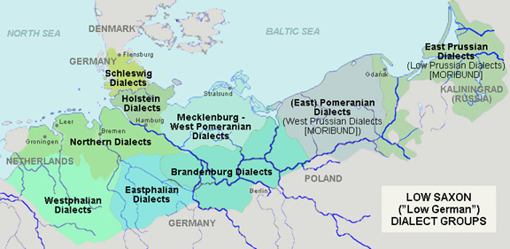 Low German-speaking area before the expulsion of almost all Low German- and German-speakers from east of the Oder–Neisse line in 1945. Low German-speaking provinces of Germany east of the Oder, before 1945, were Pomerania with its capital Stettin (now Szczecin, Poland), where east of the Oder East Pomeranian dialects were spoken, and East Prussia with its capital Königsberg (now Kaliningrad, Russia), where Low Prussian dialects were spoken. Danzig (now Gdańsk, Poland) was also a Low German-speaking city before 1945, and its former dialect Danzig German is also classified as Low Prussian.