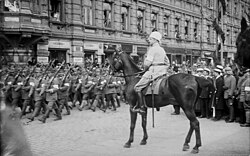 Finnish military leader and statesman C. G. E. Mannerheim as general officer leading the White Victory Parade at the end of the Finnish Civil War in Helsinki, 1918