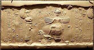 Ancient Akkadian cylinder seal (dating c. 2334–2154 BC) depicting Inanna, the goddess of war, armoured and carrying weapons, resting her foot on the back of a lion[27]