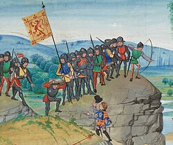 A 14th-century illustration showing an English herald approaching Scottish soldiers – an incident of the Anglo-Scottish Wars
