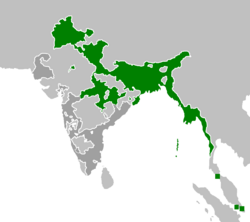 The Bengal Presidency of British India in 1852, with the coastal areas of Burma and the Straits Settlements forming part of it