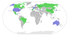 Map of Summer Olympics locations with countries that have hosted one Summer Olympics shaded in green and countries that have hosted two or more shaded in blue