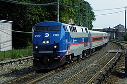 A GE P32AC-DM locomotive arriving at Ossining