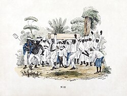 Funeral at slave plantation during Dutch colonial rule, Suriname. Colored lithograph printed circa 1840–1850, digitally restored.