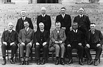 The 1931 Cabinet: Front row (L-R): Ransom, Coates, Forbes, Stewart, Ngata and Young. Back row (L-R): Jones, Cobbe, Hamilton and Masters.