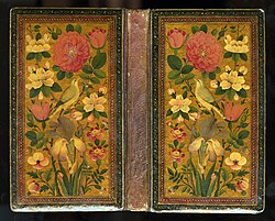Nightingale and rose in Persian art, 19th century. The metaphorical relationship of the nightingale (active lover) and flower (passive beloved) frequently used in Persian poetry.