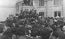 Armenians gather at Theater Square in central Yerevan to claim unification of Nagorno-Karabakh Autonomous Oblast with the Armenian SSR, 1988.