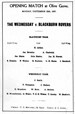 Program for an 1887 game between Blackburn Rovers and Sheffield Wednesday. The players of both teams are arranged in 2–3–5 formation.