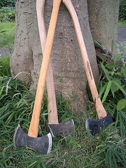 Double- and single-bit felling axesA diagram showing the main points on an axe