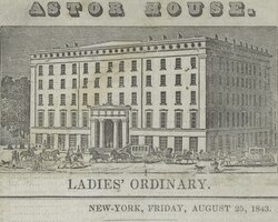 Building art from a BREAKFAST MENU (held by) ASTOR HOUSE (at) LADIES' ORDINARY on Friday, August 25, 1843