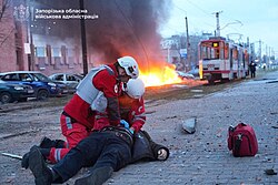 Aftermath of a Russian airstrike on Zaporizhzhia on 8 January 2025, which killed 13 people and wounded many more[629]