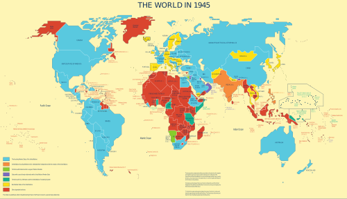 Map of the world in 1945, showing United Nations Trusteeship Council territories in green[26]