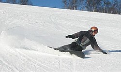 An Alpine snowboarder executes a heel-side carved turn, the typical style in alpine snowboarding.