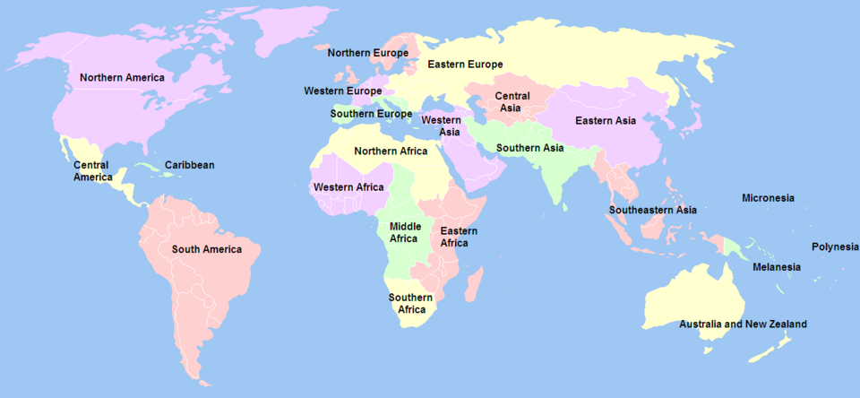 22 geographical subregions as defined by the UNSD. Antarctica[a] is not shown.