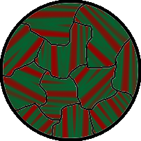 Kerr micrograph of a metal surface showing magnetic domains, with red and green stripes denoting opposite magnetization directions