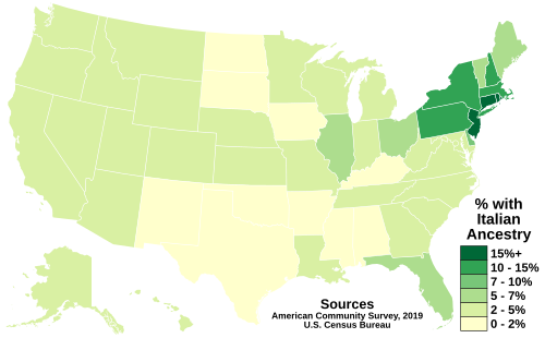 Americans with Italian ancestry by state according to the U.S. Census Bureau's American Community Survey in 2019