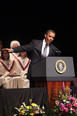 Barack Obama at Missouri Southern on May 29, 2011, during a memorial service for victims of the 2011 tornado.