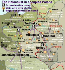 Map of the Holocaust in German-occupied Poland with marked deportation routes, major ghettos and Nazi extermination camps. The border in 1941 between Nazi Germany and the Soviet Union is marked in red.