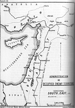 Falls Sketch Map 42 Administration of Occupied Enemy Territory shows boundaries of the North, North West, East and South territories before France imposed the terms of the Sykes-Picot Agreement