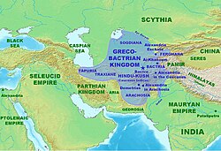The Greco-Bactrian kingdom at its maximum extent (c. 180 BC)