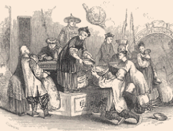 Chinese officials engaged in famine relief, 19th-century engraving