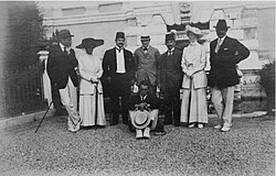 Winston Churchill between Talaat Bey and Cavid Bey (both wearing fezzes) during his private stay in Istanbul in July 1910