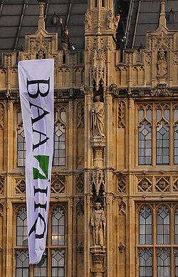 Plane Stupid activists on the roof of the Palace of Westminster
