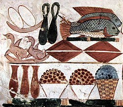 Various foods depicted in an Egyptian burial chamber, including fish, c. 1400 BCE