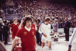 Liverpool F.C. players (Kevin Keegan the nearest pictured) in Umbro kits prior to a game in 1977