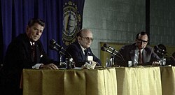 Ronald Reagan, moderator Jon Breen, and Bush at the presidential debate in Nashua, New Hampshire, during the Republican party presidential primary in 1980