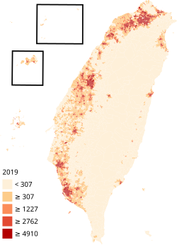 Population density map of Taiwan (residents per square kilometer)