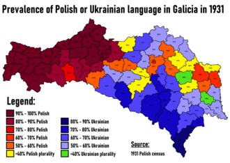 Prevalence of Polish or Ukrainian language in Galicia in 1931