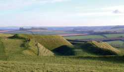 Remains of ramparts at Maiden Castle hillfort