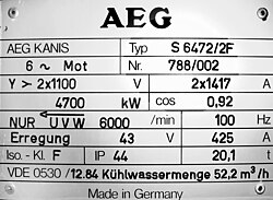 AEG electric motor builders plate