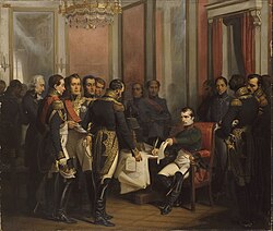 Napoleon Signing His Abdication at Fontainebleau by François Bouchot. Napoleon's first abdication, signed at the Palace of Fontainebleau on 4 April 1814