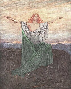 After being put to sleep by Odin and being awoken by the hero Sigurd, the valkyrie Sigrdrífa says a pagan prayer; illustration (1911) by Arthur Rackham.