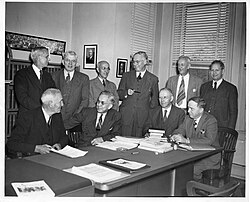 AAAS officers and senior officials in 1947. Left to right, standing: Sinnott, Baitsell, Payne, Lark-Horovitz, Miles, Stakman; sitting: Carlson, Mather, Moulton, Shapley.