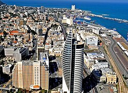 Downtown Haifa and port with the Sail Tower in the foreground