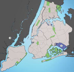 A map of the three major international airports in the New York metropolitan area: JFK (1), LGA (2), and EWR (3)