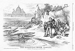 1876 U.S. cartoon by Thomas Nast depicting Roman Catholic bishops as crocodiles attacking public schools, with the connivance of Irish Catholic politicians