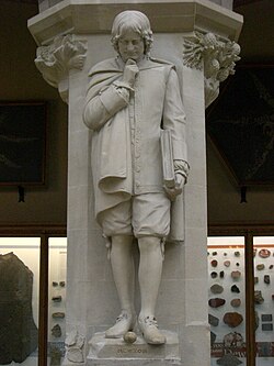 Newton statue on display at the Oxford University Museum of Natural History portrays him contemplating the fallen apple.