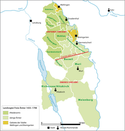 Map of the Freie Ämter, including the 1712 line dividing the Upper and Lower Freie Ämter