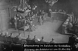 The soldiers' council meeting in what is now the Assize Court chamber of the Strasbourg Palais de Justice on 15 November 1918.