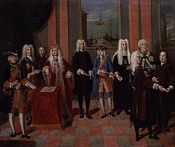 A group of Moravian Church members with George II, depicted in a portrait by Johann Valentin Haidt, c. 1752–1754