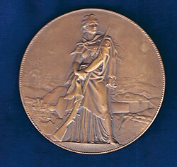 Commemorative medal Siege of Paris by Jules-Clément Chaplin. Showing on the obverse the armed city goddess Lutetia standing in front of a cannon