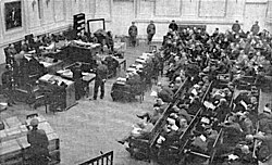 The first trial of the Nazis in Europe, which took place in Kaunas in 1935. The accused claimed that the Klaipėda Region should be part of Germany, not Lithuania, and spread propaganda, prepared for an armed uprising.[177]